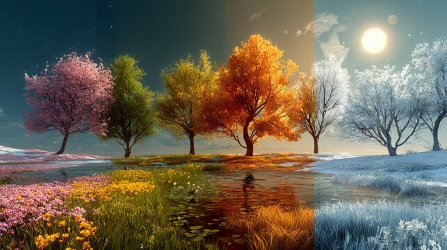 Four seasons changing landscape with blooming trees and flowers