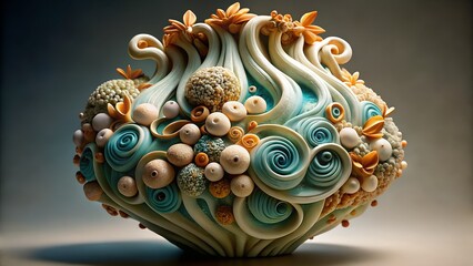Naklejka premium A whimsical sculpture with swirls, spheres, and floral accents on a neutral background surface