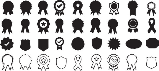 vector, ribbon, shapes, medal, rosette, award, various, icons, quality, silhouette, white, checkmark, trophy, stamp, representing, rows, prize, champion, star, bow., some, achievement, black