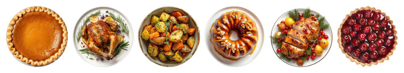PNG Festive holiday feast dishes displayed, element set on transparent background