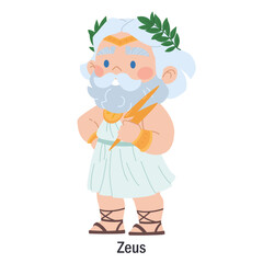 Ancient Greek god Zeus. Character of the Olympic god of thunder and lightning. Deity with lightning. Cartoon character of classical mythology and pagan religion