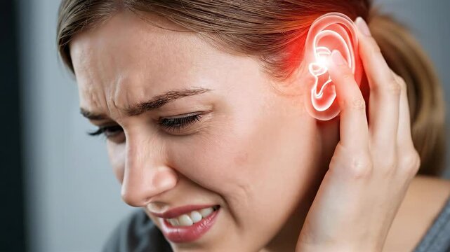Woman suffering from earache or tinnitus, holding her painful ear, showing discomfort from hearing problem, health concept animation.