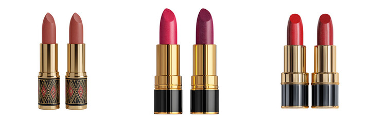 Obraz premium Set of Red and gold lipsticks with reflective black background on transparent png background. Ai generated