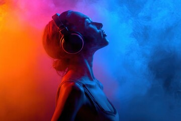A young Caucasian woman with headphones enjoys music. She has short hair and is surrounded by colorful smoke in blue and orange hues.