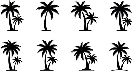 Silhouette collection of tropical palm trees in various arrangements for summer beach designs