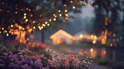 Enchanting garden party at dusk with warm string lights, golden bokeh glow, cozy outdoor celebration, elegant backyard decor and copy space for invitations, banners, and social media headers
