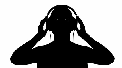 Silhouette of a person wearing headphones and holding them with both hands against a white background | editable eps vectors