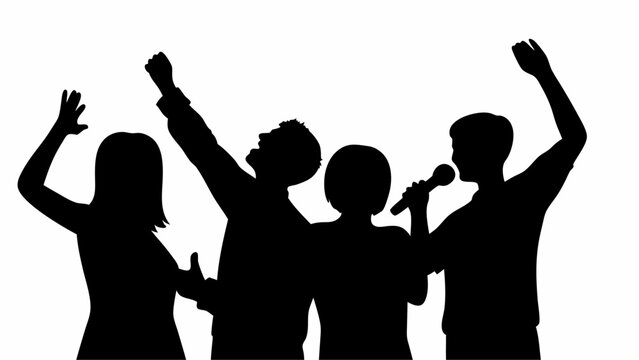 Silhouette of four people cheering and singing into a microphone with raised arms in a celebratory scene | editable eps vectors