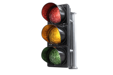 Traffic light with all three colors illuminated, red, yellow, and green. Concept of traffic control, safety, and decision making.