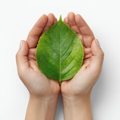 Hands Holding Green Leaf on White Background Symbolizing Nature Care