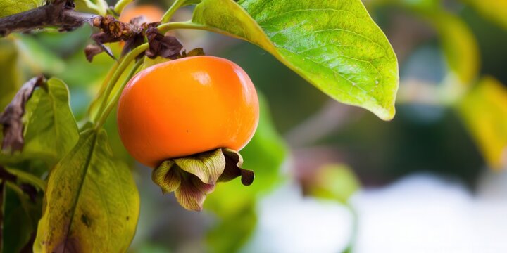 A close-up shot of a ripe persimmon fruit hanging from a tree branch with green leaves. - Powered by Adobe