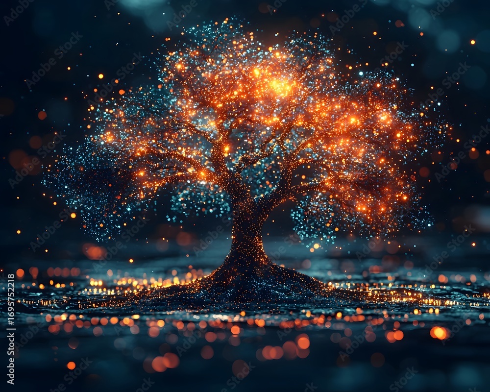 Poster abstract digital tree made of luminous particles symbolizing organic growth interconnectedness and d