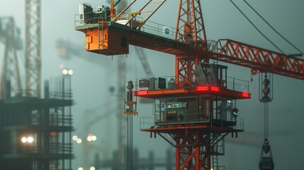 Photorealistic industrial crane with artificial intelligence modernization, sophisticated radar and LiDAR sensor systems mounted on boom and cabin, multiple cameras for 360-degree monitoring