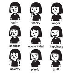 Girl expressing various emotions - calm, worry, anger, sadness, happiness, anxiety, playful, guilt.