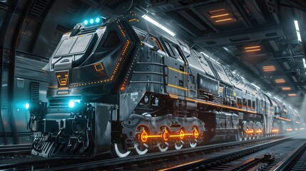 heavy cargo freight locomotive with AI technology integration, advanced sensor array including radar dishes and LiDAR units mounted on front and sides, high-tech camera systems