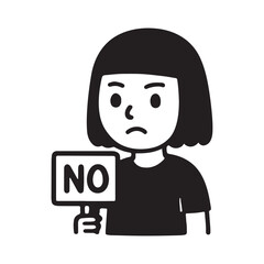Cute cartoon girl holding a NO sign, expressing refusal or disagreement.