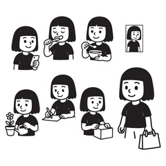 Cute cartoon girl character performing daily routine activities set.