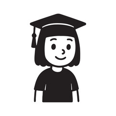 Cute cartoon girl wearing graduation cap, black and white illustration.