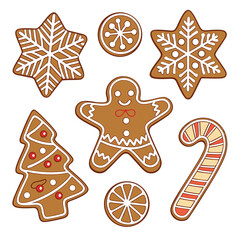 Delicious gingerbread cookies shaped as stars, a man, a tree, candy, and circles on transparent background