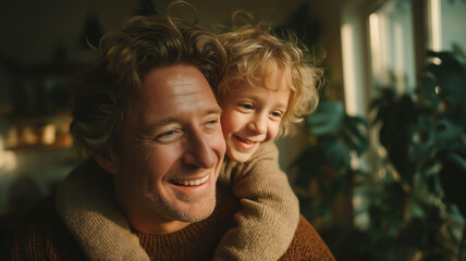 Father and son share a joyful moment in a cozy home, the child hugging his dad from behind as they smile warmly in soft natural light.