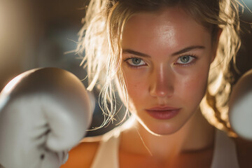 Close-up portrait of a determined female boxer wearing white gloves, with intense blue eyes, glowing skin, and dramatic warm lighting.