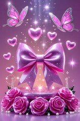 Fototapeta premium A whimsical, fantasy-themed composition featuring a large, sparkling pink bow surrounded by pink roses. 