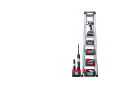 Sleek Black Metal Stepladder with Modern Design and Power Tools