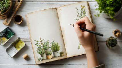 A hand sketching botanical illustrations in a vintage art journal with watercolor paints, surrounded by green plants and natural art tools on a rustic table.