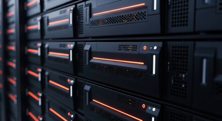 Rows of modern server racks with glowing orange and white led lights in a dark data center environment