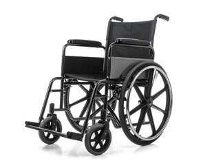 Fototapeta premium Empty, vintage wheelchair isolated on a clean white background for medical transportation and health care