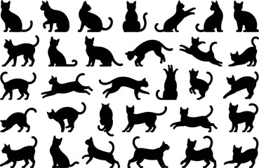 Diverse silhouette cat poses collection dynamic feline forms animal art pet study creative design elements