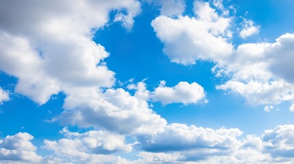 Fototapeta premium Beautiful Pure White Clouds on Bright Blue Sky: Fluffy White Clouds Against Vibrant Blue Sky, Serene Sky Scene with Soft Clouds—Idyllic Weather for Nature Views