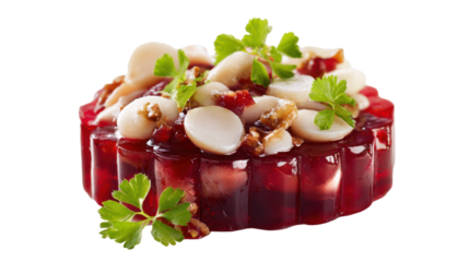 Red aspic filled with meat and decorated with pieces of mozzarella cheese and parsley leaves.