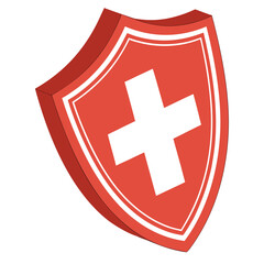 Fototapeta premium A 3D shield displays a white medical cross on a red surface