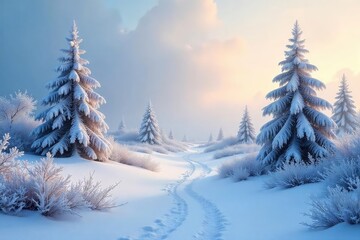 Fototapeta premium Frozen landscape, frost covered trees and bushes under a cold winter sky Perfect for winter wonderland, seasonal, and holiday themes , frost, serene
