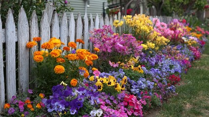 A vibrant flower bed with a variety of colorful blossoms growing alongside a rustic white picket fence.