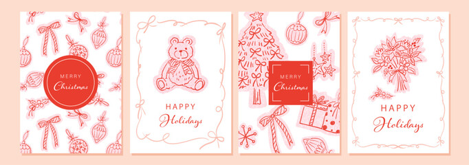 Christmas card set with cute hand-painted line art illustrations. Vector files included. Minimalist line art clipart perfect for cards, backgrounds, and posters.