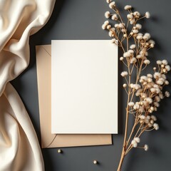 A blank white card surrounded by pussy willow branches on a white surface casting soft shadows around it invitation card mockup