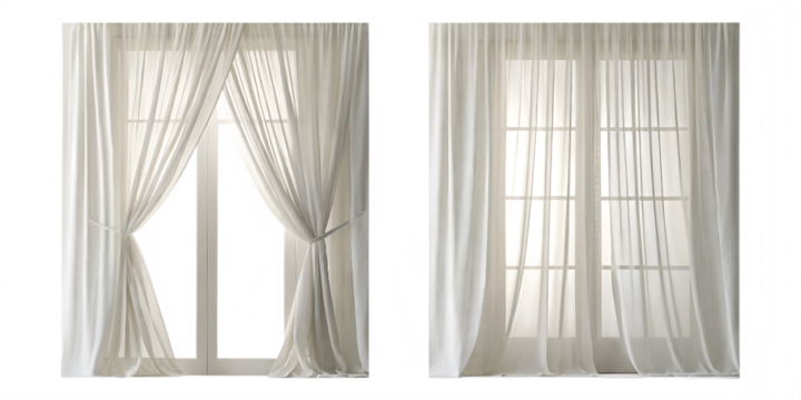 Sheer white curtains blowing gently inwards isolated on a transparent background