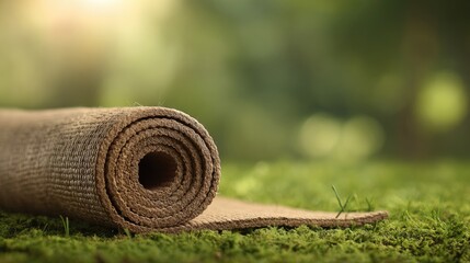 Rolled Up Yoga Mat On Mossy Ground