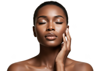 Woman with closed eyes touching her face on transparent background