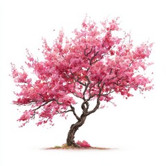Vibrant Pink Blossom Tree with Lush Foliage and Twisted Branches