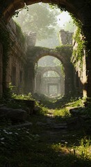 Sun-drenched pathway through overgrown, ancient ruins, showcasing lush greenery and arched stonework.