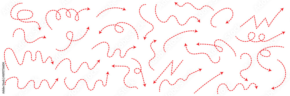 Poster curved dotted arrow. collection of curved hand drawn arrows. zigzag arrow stripes design with dotted