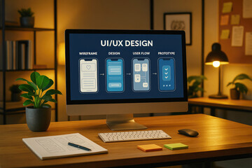 Computer screen showing UI UX design process wireframe to prototype on a desk with plants and sticky notes