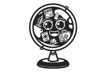 Obraz premium Smiling Globe Character With Travel Items Icon on White Background