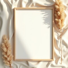 Blank white card surrounded by pussy willow branches on a marble surface creating a soft aesthetic