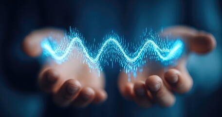 Hands holding glowing light blue wave form