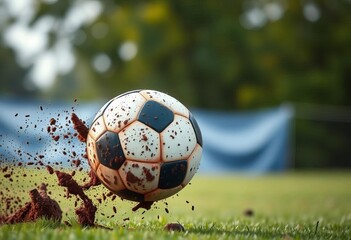 Mud-caked soccer ball mid-flight, dynamic action shot, soccer, outdoor