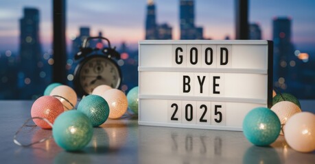 Goodbye 2025 New Year Clock and City Lights Festive Still Life Concept